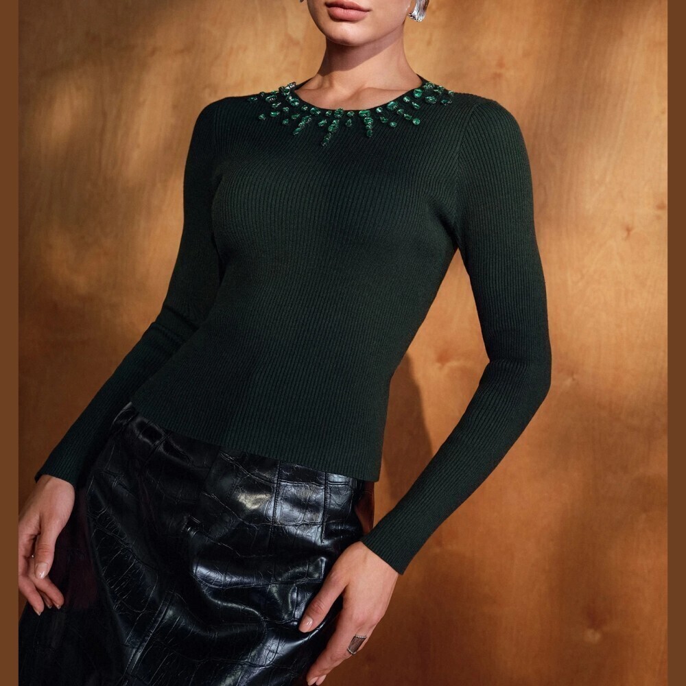 Dark Green Ribbed Knit Jewel Embellished Round Neck Slim Fit Sweater
